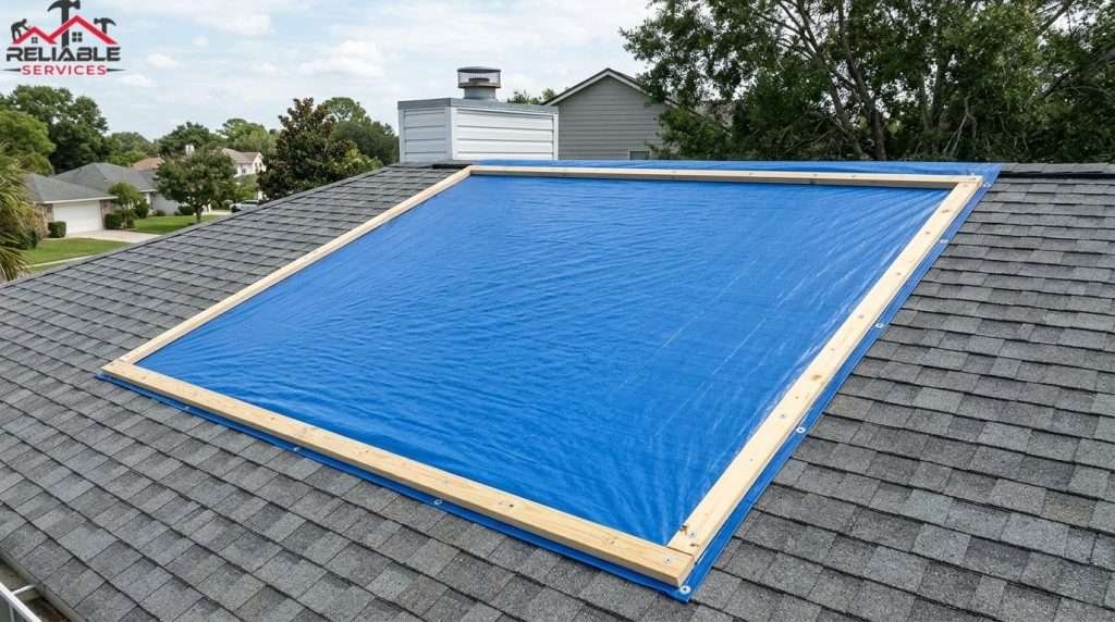 Professional emergency roof tarping to prevent active water leaks