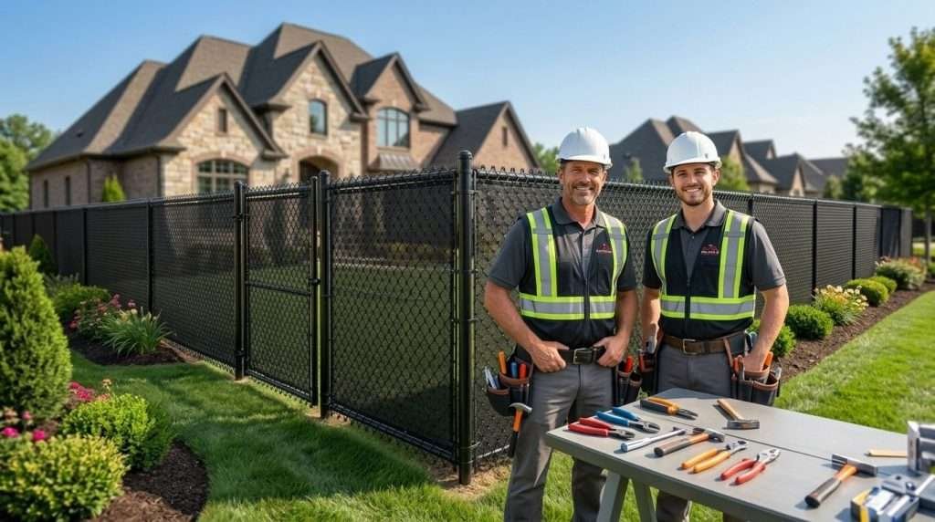 Professional exterior contractors standing by a privacy-enhanced chain link fence in Hoover AL