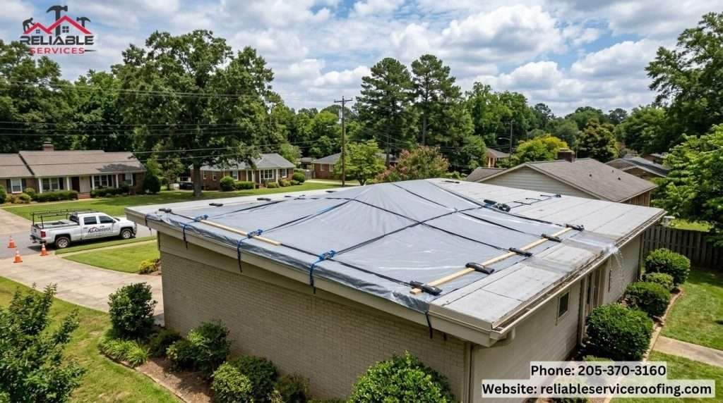 Professional flat roof tarp installation in Birmingham Alabama after storm damage