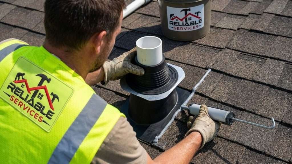 Professional installation of a new roof vent pipe boot and sealant