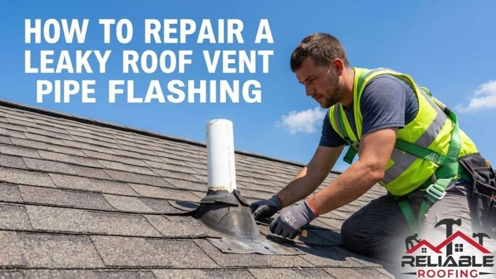 Professional roofer inspecting a leaky vent pipe flashing in Birmingham