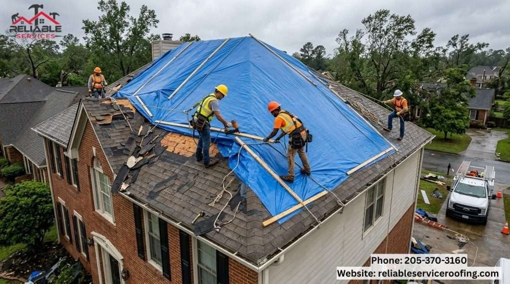 Professional roofers installing emergency tarp after storm damage in Birmingham area