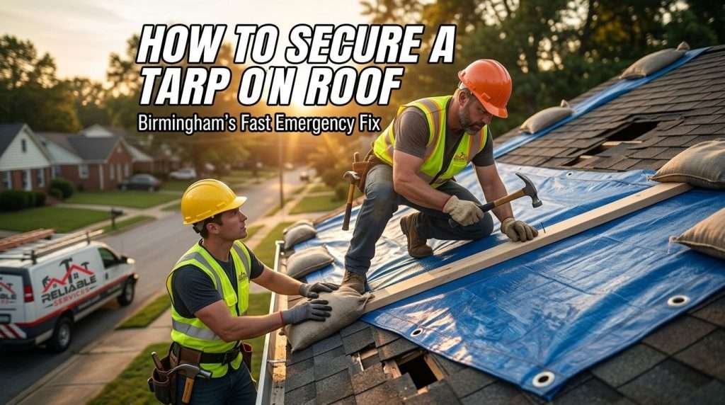 Professional roofers securing a tarp on a roof in Birmingham AL - step-by-step guide