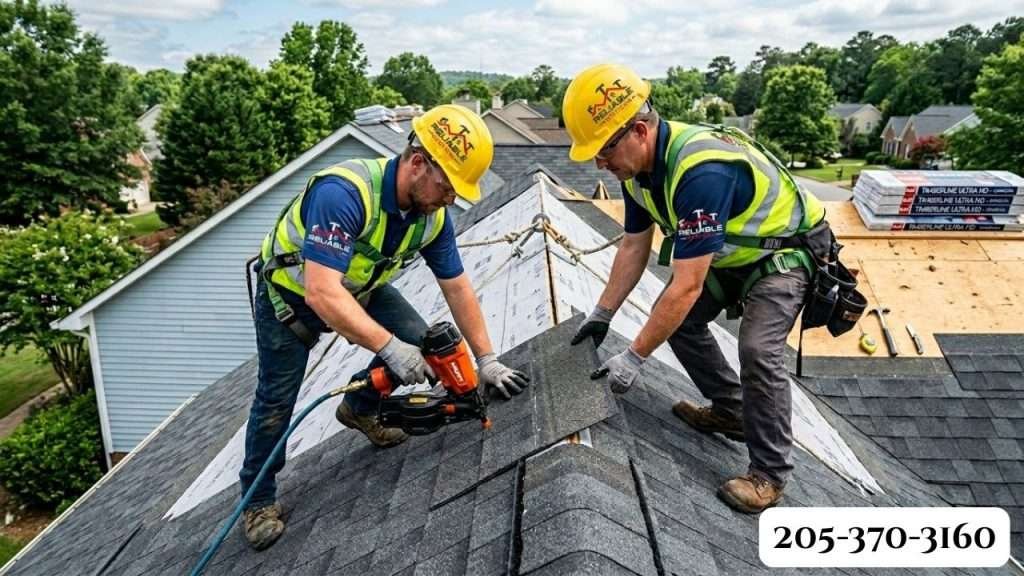 Professional roofing crew installing new architectural shingles in Alabama
