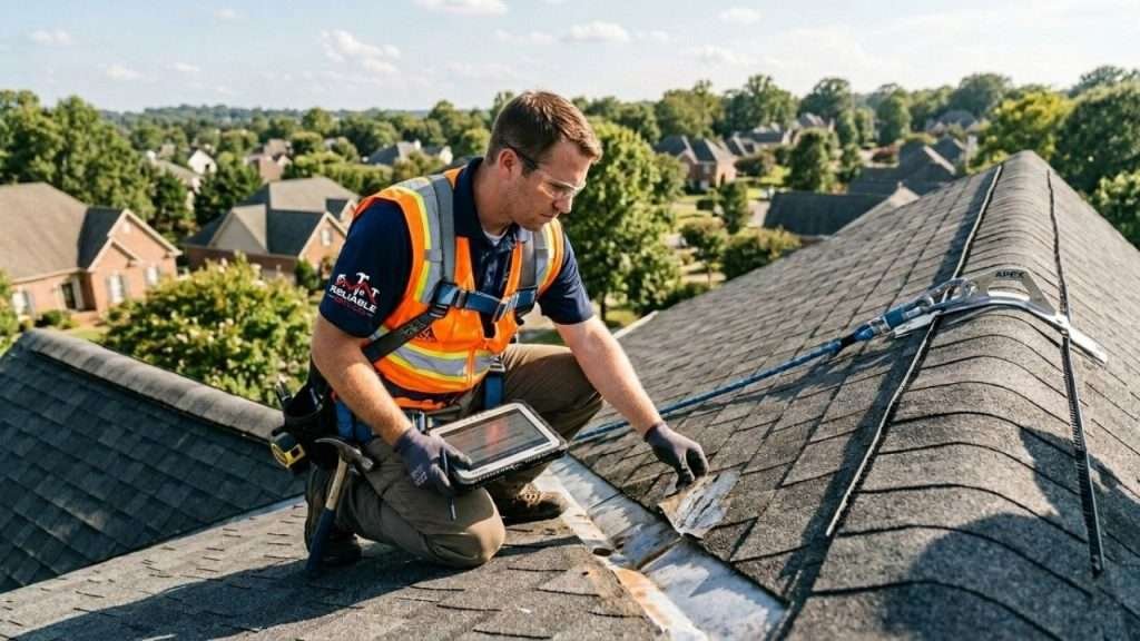 Professional roofing inspector assessing storm damage on a Birmingham roof