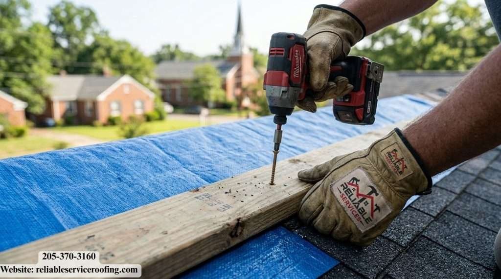 Professional securing a tarp to a leaking roof