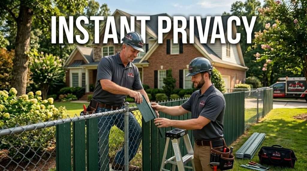 Reliable Service Roofing team installing vinyl privacy slats on a Birmingham chain link fence