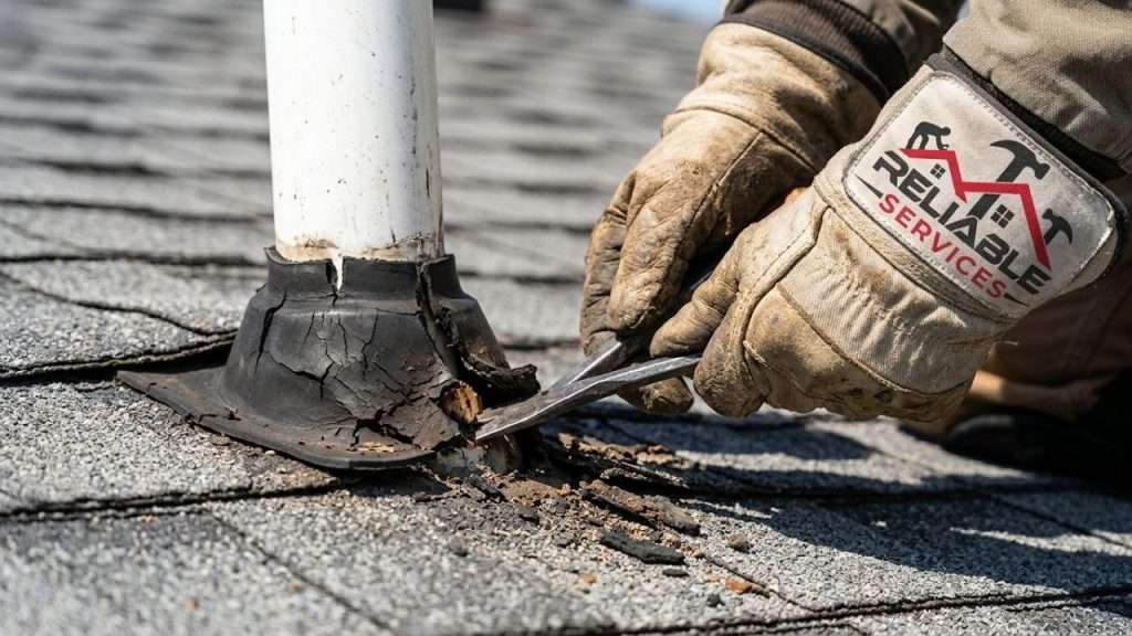 Removing damaged roof vent boot flashing with a pry bar