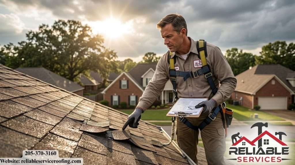 Roofer inspecting storm-damaged roof shingles