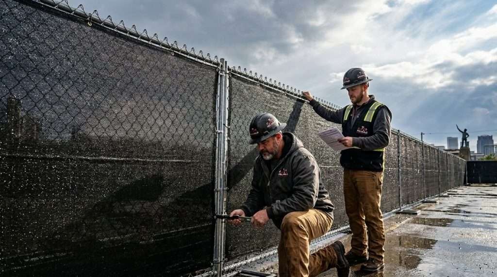 Roofing and exterior contractors inspecting a durable mesh privacy fence screen in Alabama