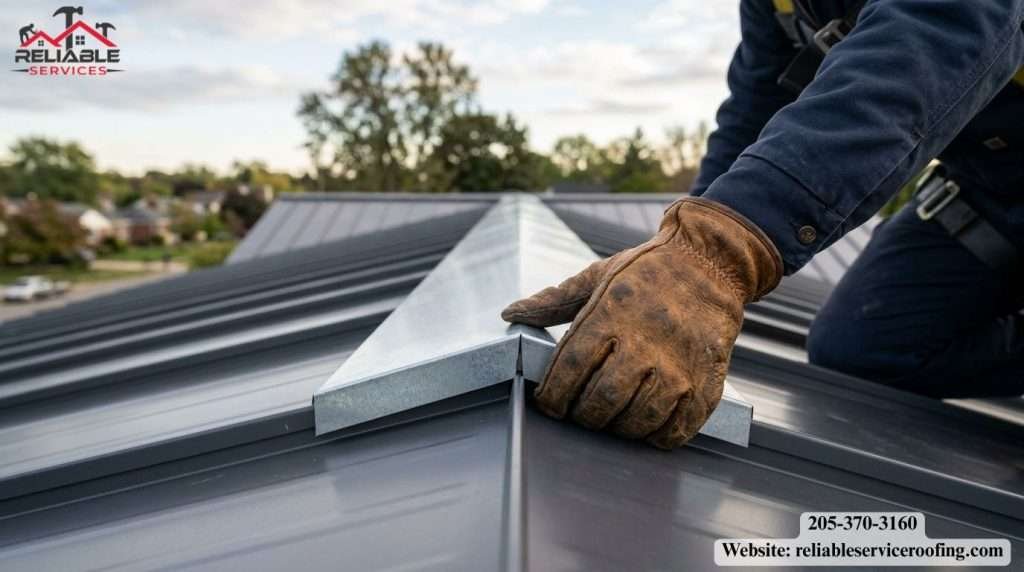 Roofing contractor inspecting new metal roof ridge cap flashing