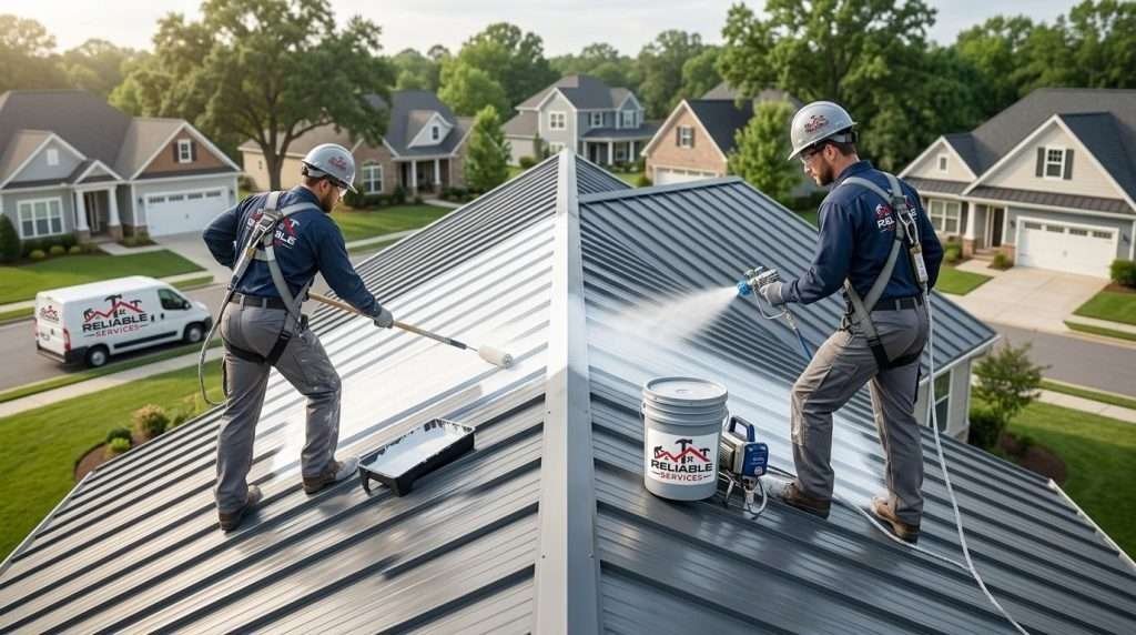 Roofing crew applying protective coating on metal roof in Alabama