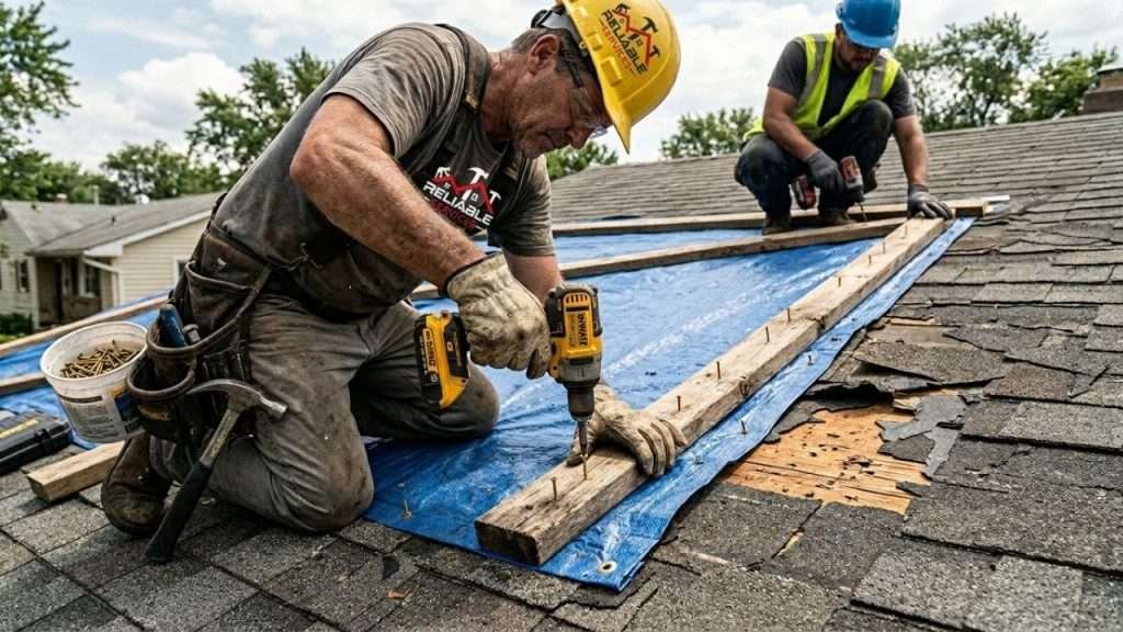 Securing roof tarp with boards
