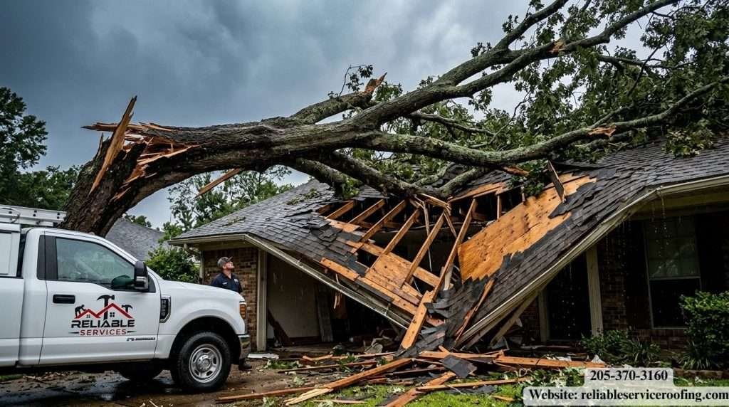 Severe storm damage to a house roof with fallen tree