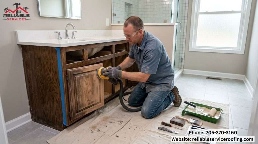  Contractor refinishing bathroom vanity during budget remodel