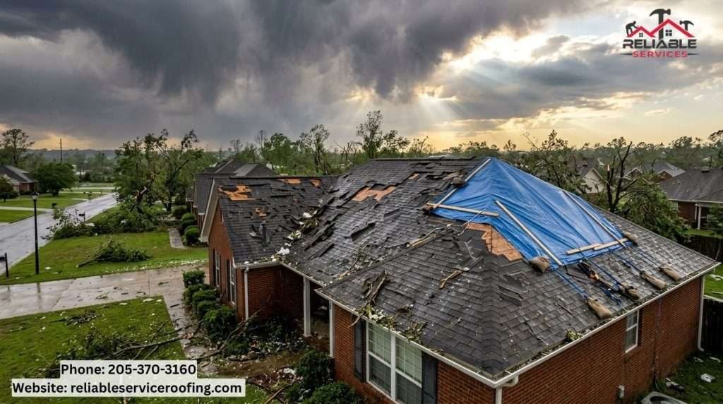 Storm damaged roof in Birmingham AL after severe weather - emergency repair needed