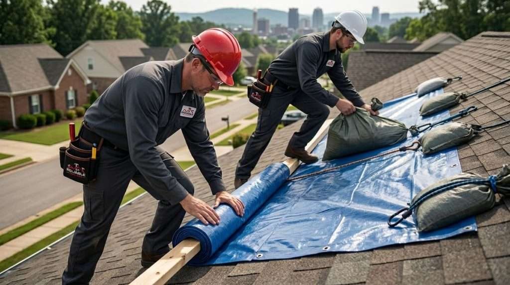 Two roofers demonstrating how to secure a tarp on a roof with 2x4 boards and sandbags in Birmingham