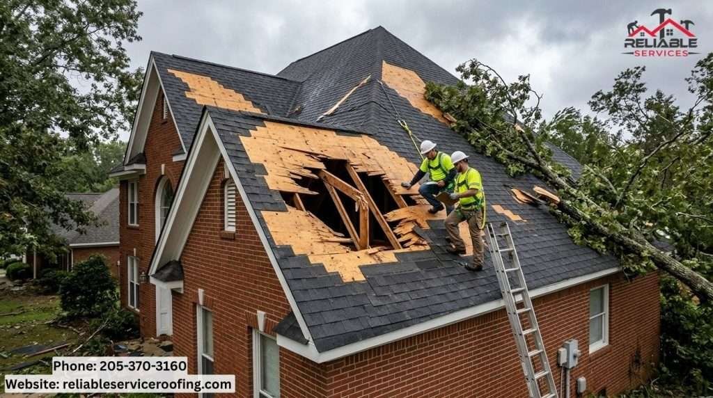 View of storm-damaged roof with missing shingles and broken structural truss