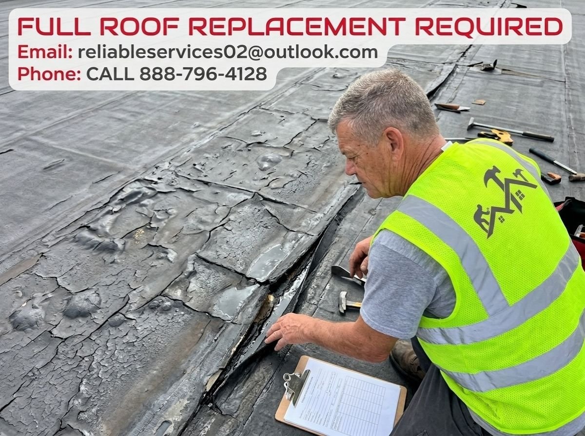Failing flat roof with separated seams and water damage