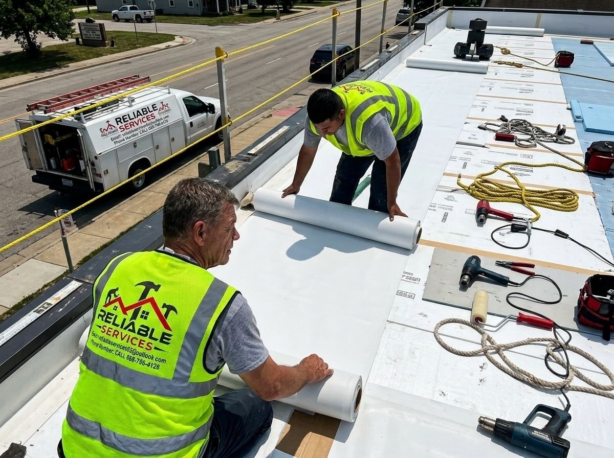 Commercial roofing contractors completing a flat roof installation