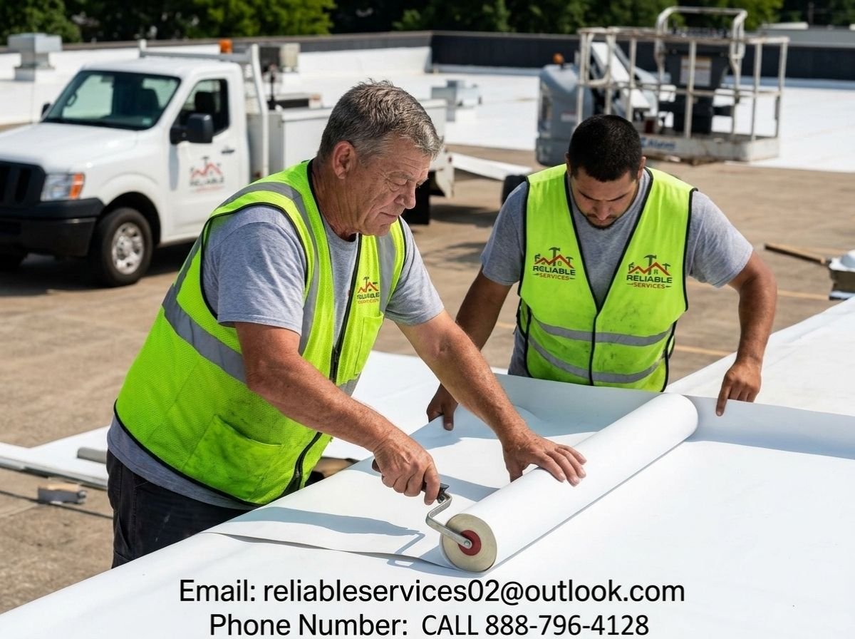 Reliable Services contractors installing a new energy-efficient TPO membrane