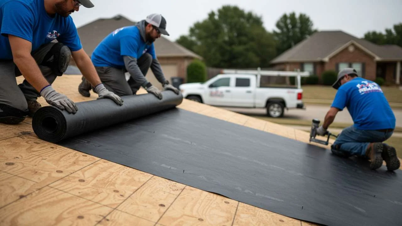 Roofer laying new asphalt shingles on a residential roof in Birmingham, AL.