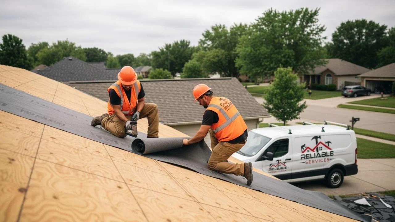 Roofer sealing ridge cap shingles on a residential roof ridge line.