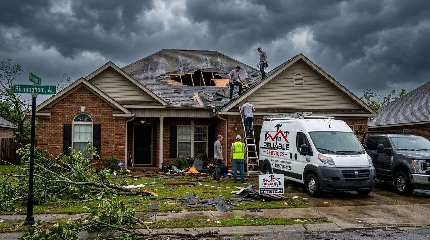 Storm-damaged roof with missing shingles on a suburban home in Birmingham Alabama after severe weather